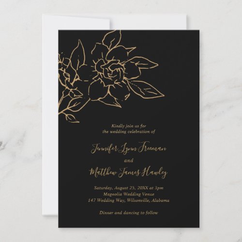 Elegant Line Art Floral Black Gold Wedding Invitation