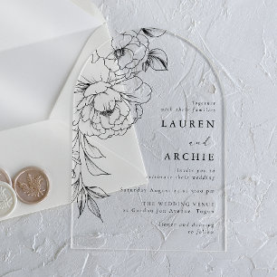 Elegant Line Art Floral Black & White Wedding Acrylic Invitations