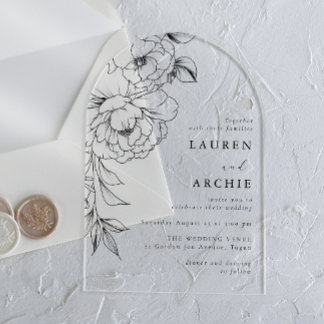 Elegant Line Art Floral Black & White Wedding Acrylic Invitations