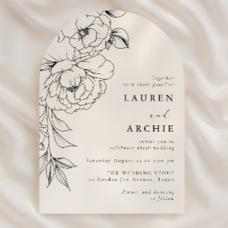Elegant Line Art Floral Black & White Wedding Invitation
