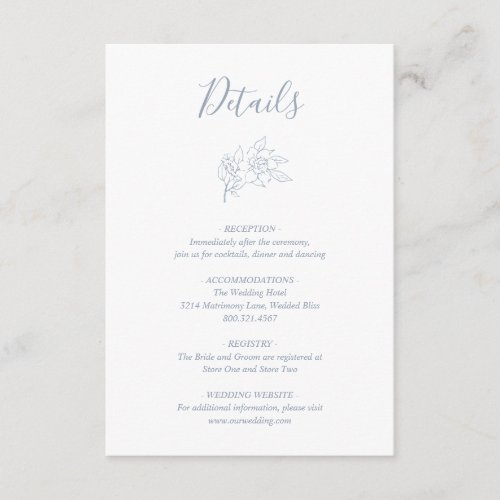 Elegant Line Art Floral Dusty Blue Wedding Enclosure Card