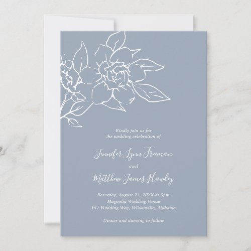 Elegant Line Art Floral Dusty Blue Wedding Invitation