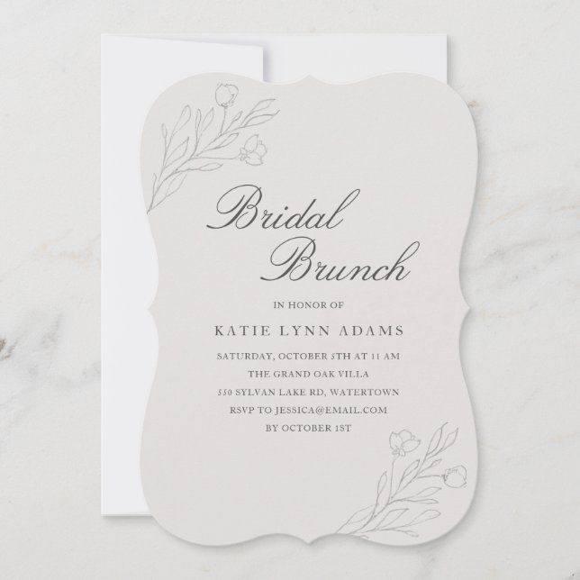 Elegant Line Art Floral Gray Bridal Brunch Invitation (Front)