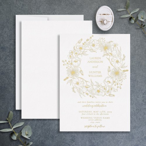 Elegant Line Art Floral Wreath Wedding Gold Foil Invitation