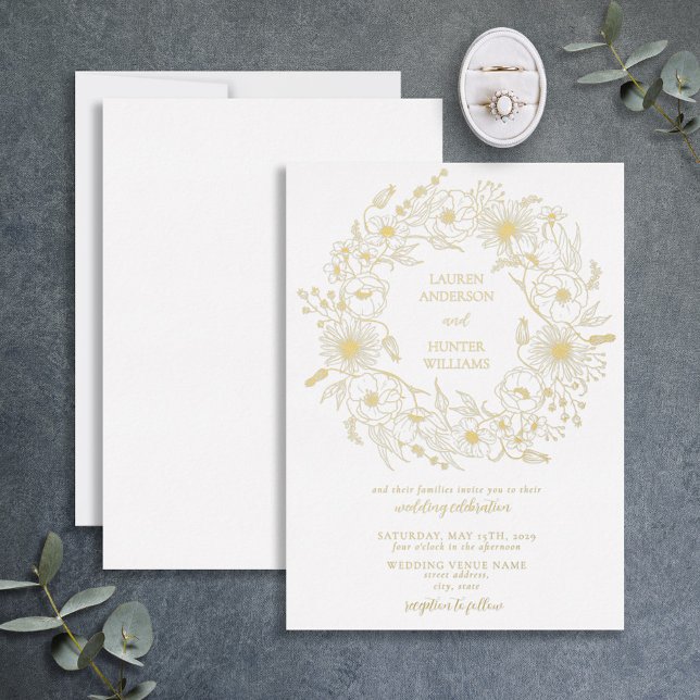 Elegant Line Art Floral Wreath Wedding Gold Foil Invitation (Creator Uploaded)
