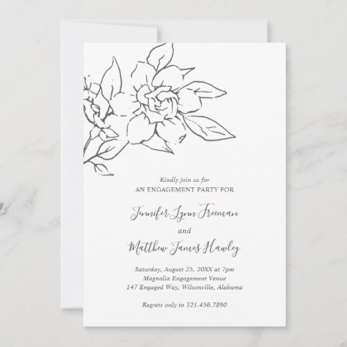Elegant Line Art Magnolia Floral Engagement Party Invitation