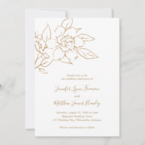Elegant Line Art Magnolia Floral Gold Wedding Invitation