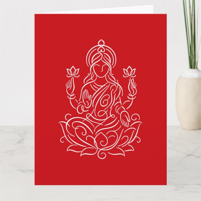 Elegant Line Art of Goddess Lakshmi on Lotus Card (Front)