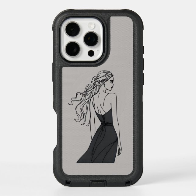 Elegant Line Art Woman in Black Dress Phone Case | (Back)