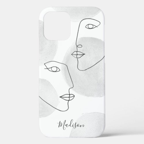 Elegant Line Drawing Faces Gray iPhone 12 Case