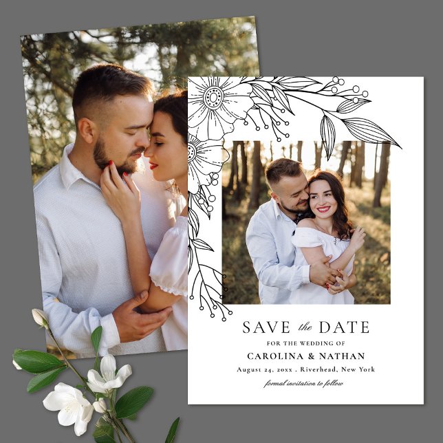 Elegant Line Drawn Floral Black 2 Photo Wedding Save The Date (Creator Uploaded)