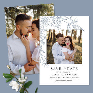 Elegant Line Drawn Floral Blue 2 Photo Wedding Save The Date