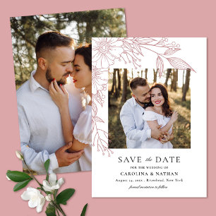 Elegant Line Drawn Floral Blush 2 Photo Wedding Save The Date