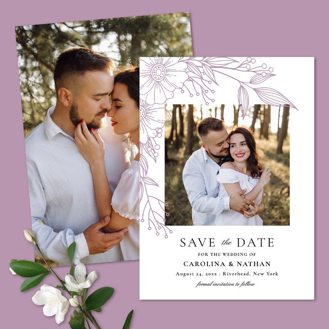Elegant Line Drawn Floral Lavender 2 Photo Wedding Save The Date (Creator Uploaded)
