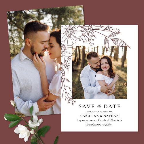 Elegant Line Drawn Floral Rust Red 2 Photo Wedding Save The Date