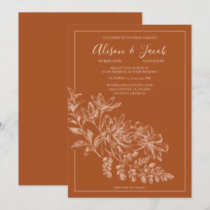 Elegant Line Drawn Floral Terra Cotta Wedding Invitation