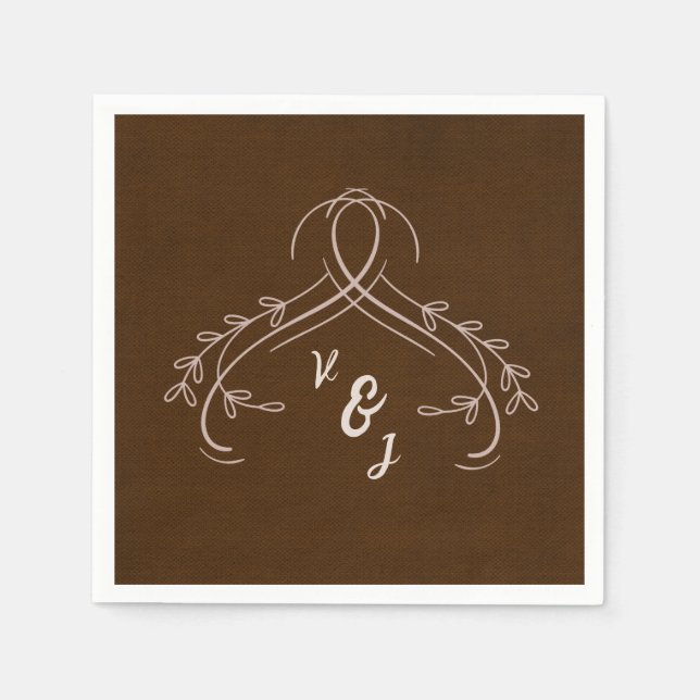 Elegant Line Floral Linen Espresso Brown Wedding Napkins (Front)