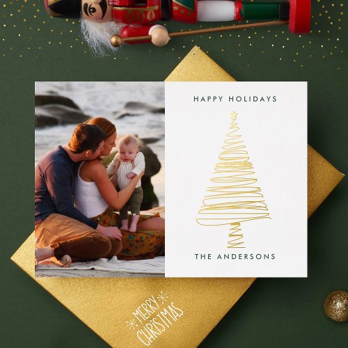 Elegant Line Gold Christmas Tree  Photo Happy Foil Holiday Card