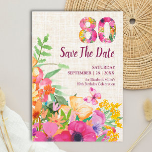 Elegant Linen 80th Birthday Floral Garden Save The Date