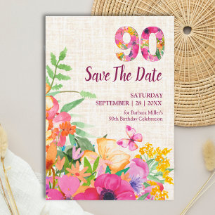 Elegant Linen 90th Birthday Floral Garden Save The Date