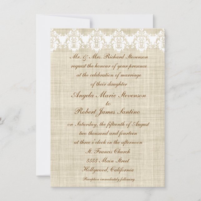 Elegant Linen And Lace Wedding Invitations (Front)
