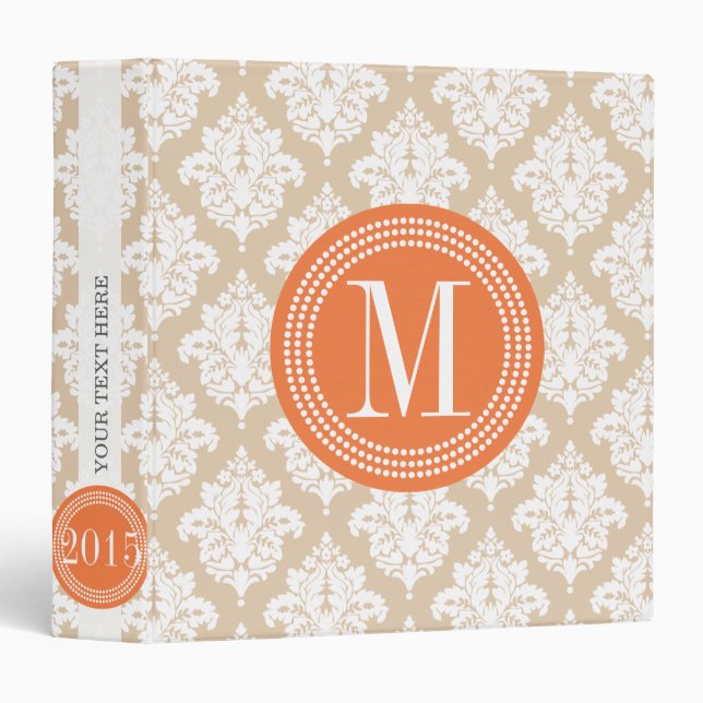 Elegant Linen Beige Damask Personalized 3 Ring Binder (Front/Spine)