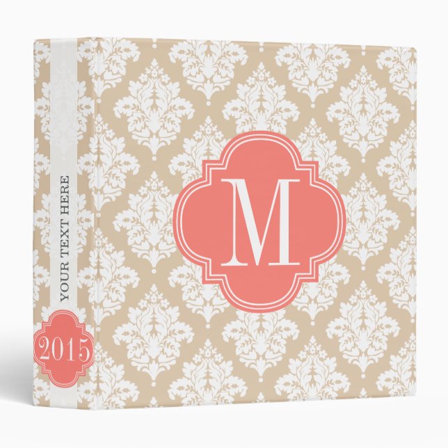 Elegant Linen Beige Damask Personalized Binder (Front/Spine)