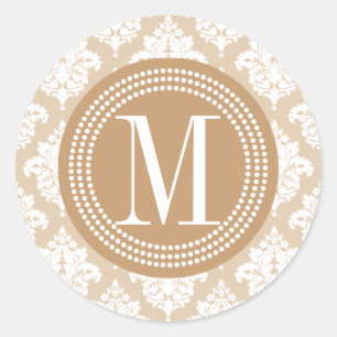 Elegant Linen Beige Damask Personalized Classic Round Sticker
