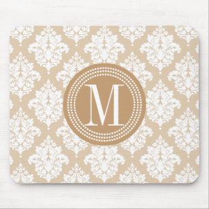 Elegant Linen Beige Damask Personalized Mouse Pad