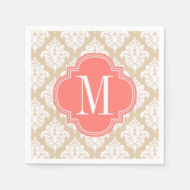 Elegant Linen Beige Damask Personalized Paper Napkins (Front)