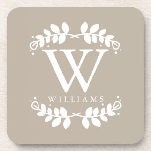 Elegant Linen Beige Monogram Beverage Coaster