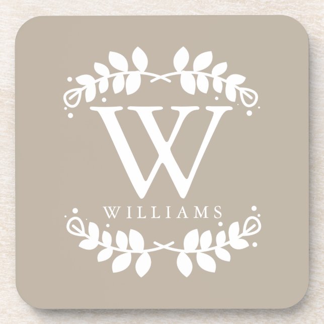 Elegant Linen Beige Monogram Beverage Coaster (Front)