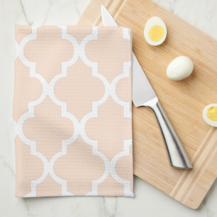 Elegant Linen Beige Quatrefoil Tiles Pattern Kitchen Towel