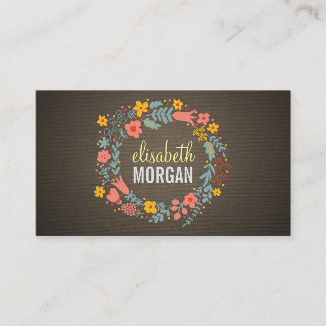 Elegant Linen Burlap Floral Wreath Business Card (Front)