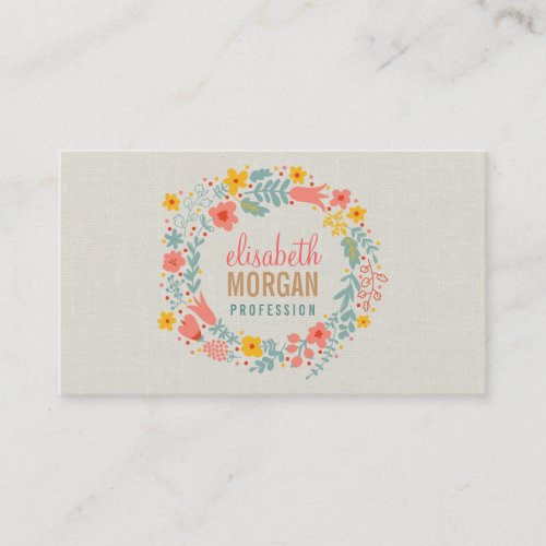 Elegant Linen Burlap with Floral Wreath Business Card
