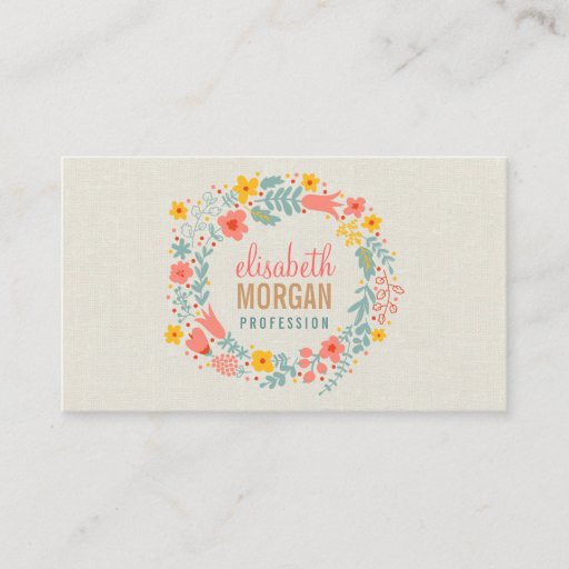 Customizable Elegant Linen Burlap with Floral Wreath Business Card Templates