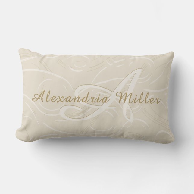 Elegant Linen Custom Name & Monogram Lumbar Pillow (Front)