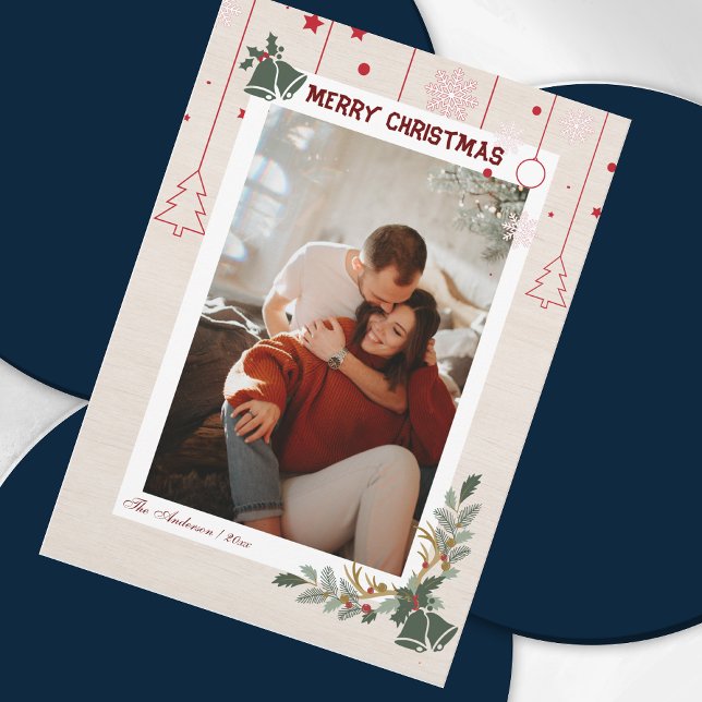 Elegant Linen Floral Merry Christmas Photo Holiday Card (Creator Uploaded)