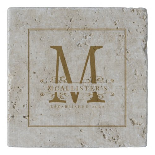 Elegant Linen Gold Monogram Family Establish Year Trivet