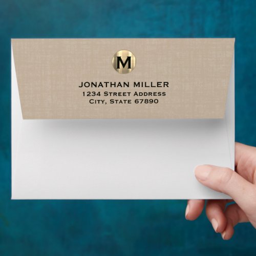 Elegant Linen Gold Monogram Return Address Envelope