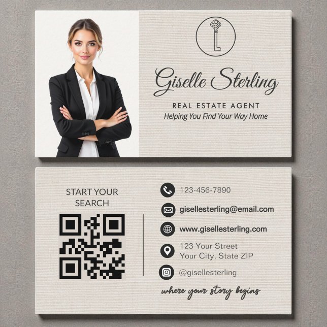 Elegant Linen Photo Real Estate Agent QR Code  Business Card (Creator Uploaded)