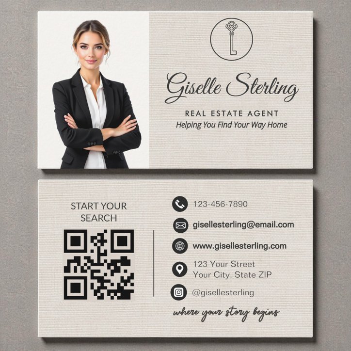 Elegant Linen Photo Real Estate Agent QR Code Business Card