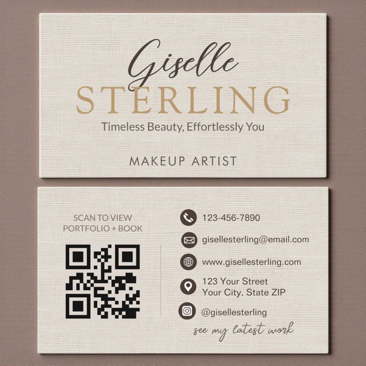 Elegant Linen Script Modern QR Code Business Card