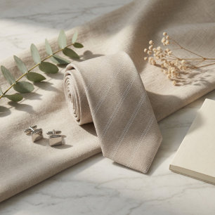 Elegant Linen Stripe Neutral Beige Neck Tie