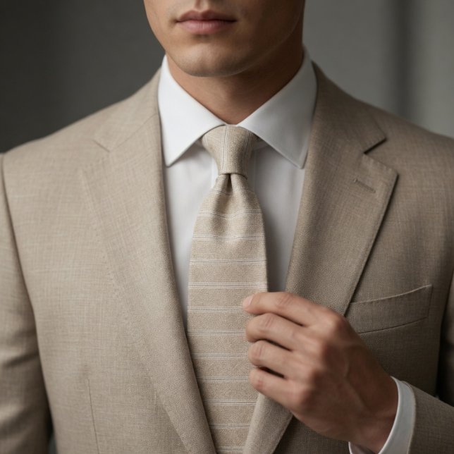Elegant Linen Stripe Neutral Beige Neck Tie (Creator Uploaded)