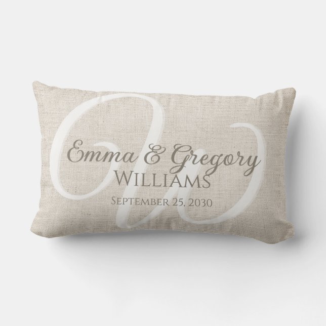 Elegant Linen White Monogram Lumbar Pillow (Back)
