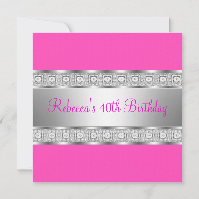Elegant Lipstick Pink Silver Jewel 40th Birthday Invitation (Front)