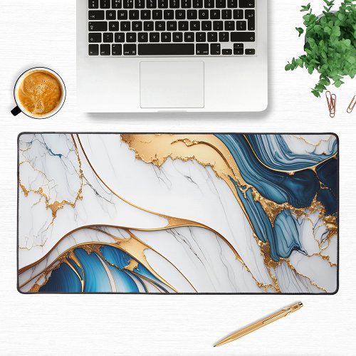 Elegant Liquid Marble Modern White Blue Gold Desk Mat