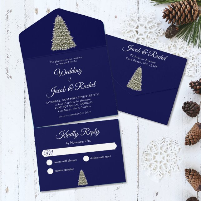 Elegant Lit Christmas Tree Midnight Blue Wedding All In One Invitation (Christmas tree on dark blue background rustic wedding all-in-one send-and-seal invitation.)
