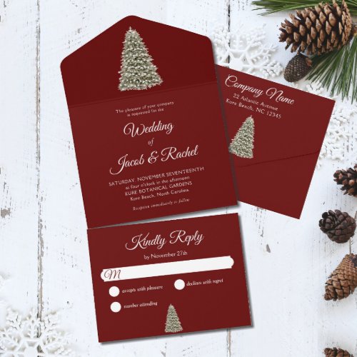 Elegant Lit Christmas Tree on Burgundy Red Wedding All In One Invitation